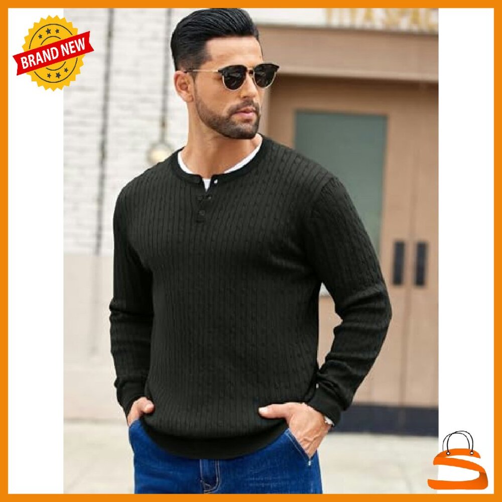 Men's Cable Knit Henley Sweater Long Sleeve Button Down Pullover - Picture 6 of 7
